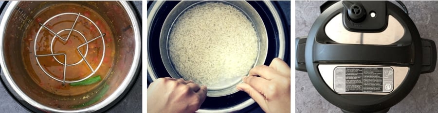 Step by step process showing how to make pot in pot rice with dal in Instant pot