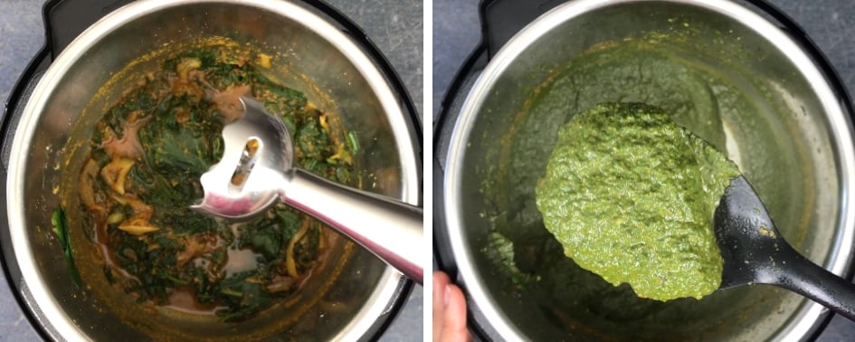 Steps showing how to make one-pot palak paneer