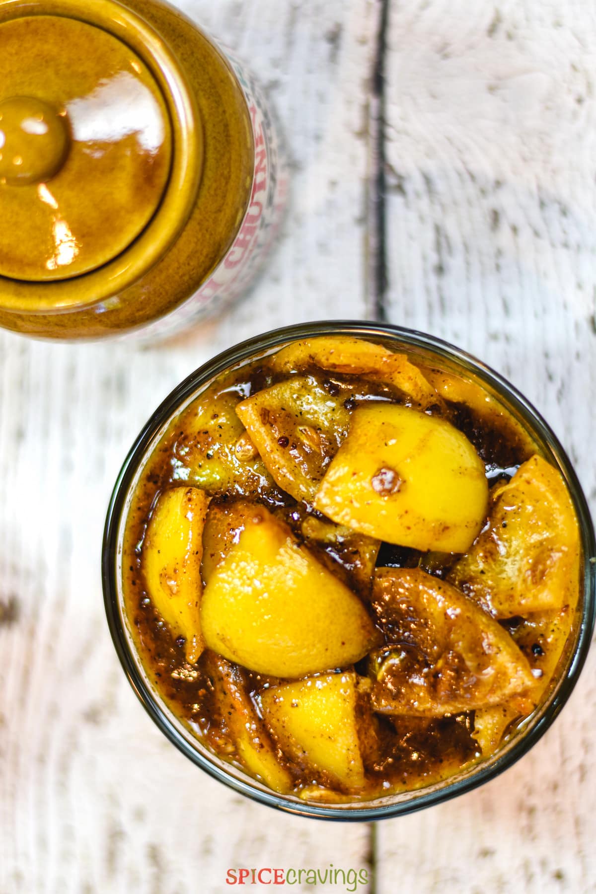 Instant pot sweet and spicy lemon pickle served in a glass bowl