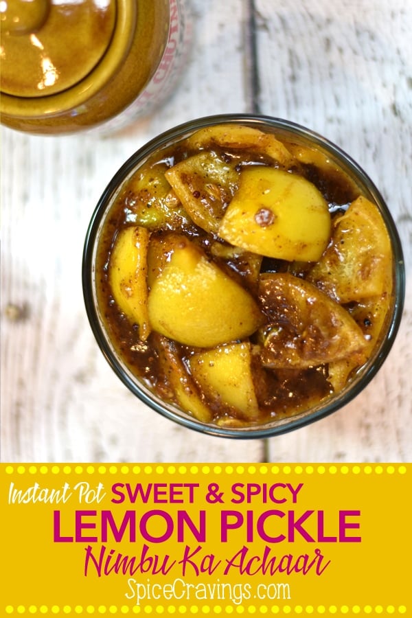Indian spiced lemon pickle served in a glass bowl