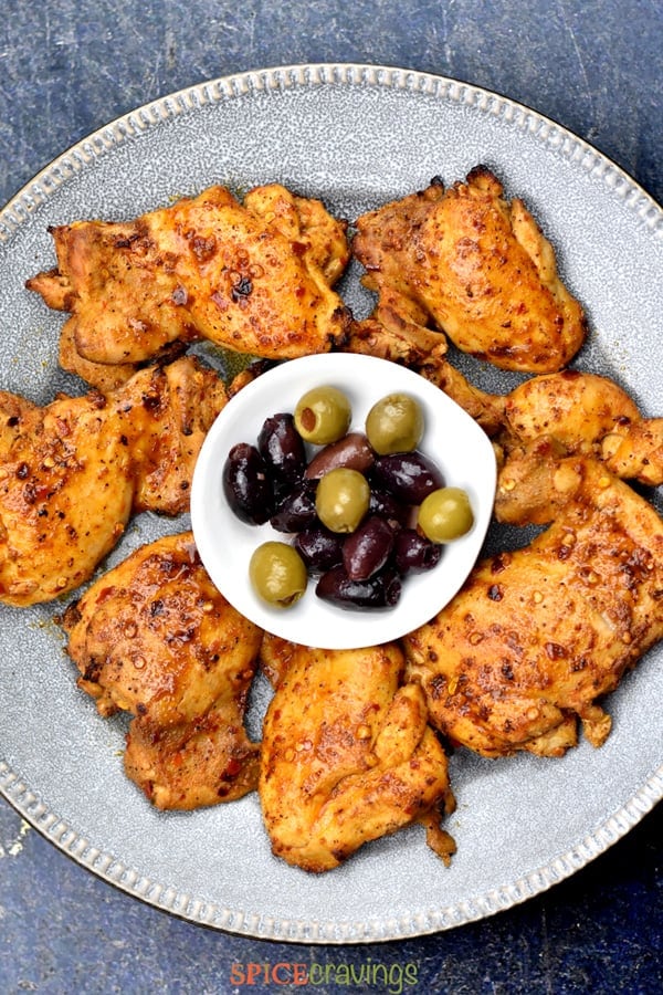 Mediterranean rubbed chicken served with assorted olives