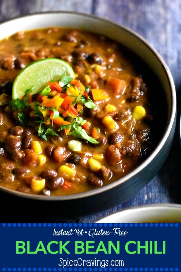 Instant Pot black bean chili made vegan using beans, corn and rainbow peppers
