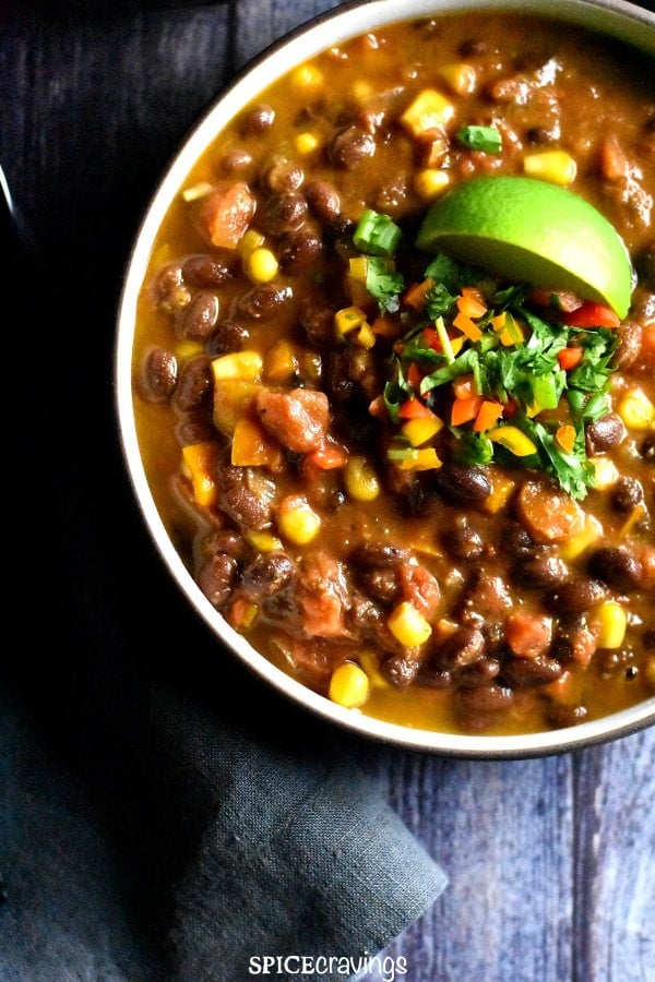 Top partial view of a bowl with vegetarian and vegan black bean chili