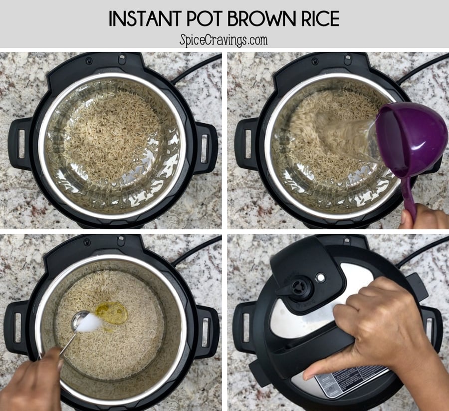 briwn rice in pressure cooker, pouring water from measuring cup into steel pot, adding oil to brown rice and water in instant pot, hand sealing instant pot