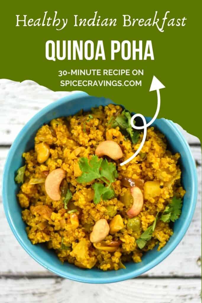 Curried quinoa in blue bowl with title "Quinoa Poha"