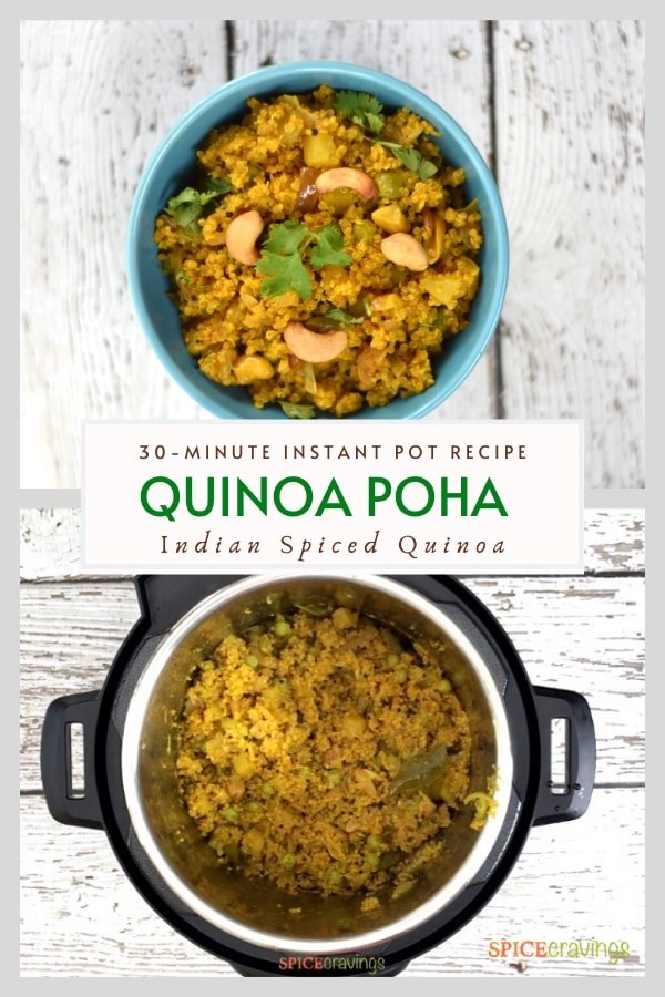 Two shots showing quinoa in the instant pot and a blue bowl