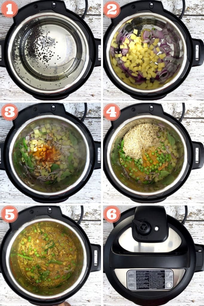 a 6-photo grid showing step by step instructions for making poha in the instant pot