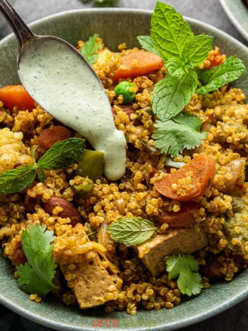 Quinoa cooked with vegetables with Indian spices, in a Biryani style