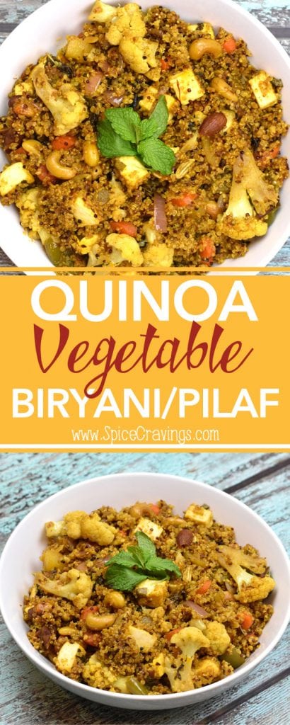 Pinterest pin with two images of quinoa and vegatable pilaf