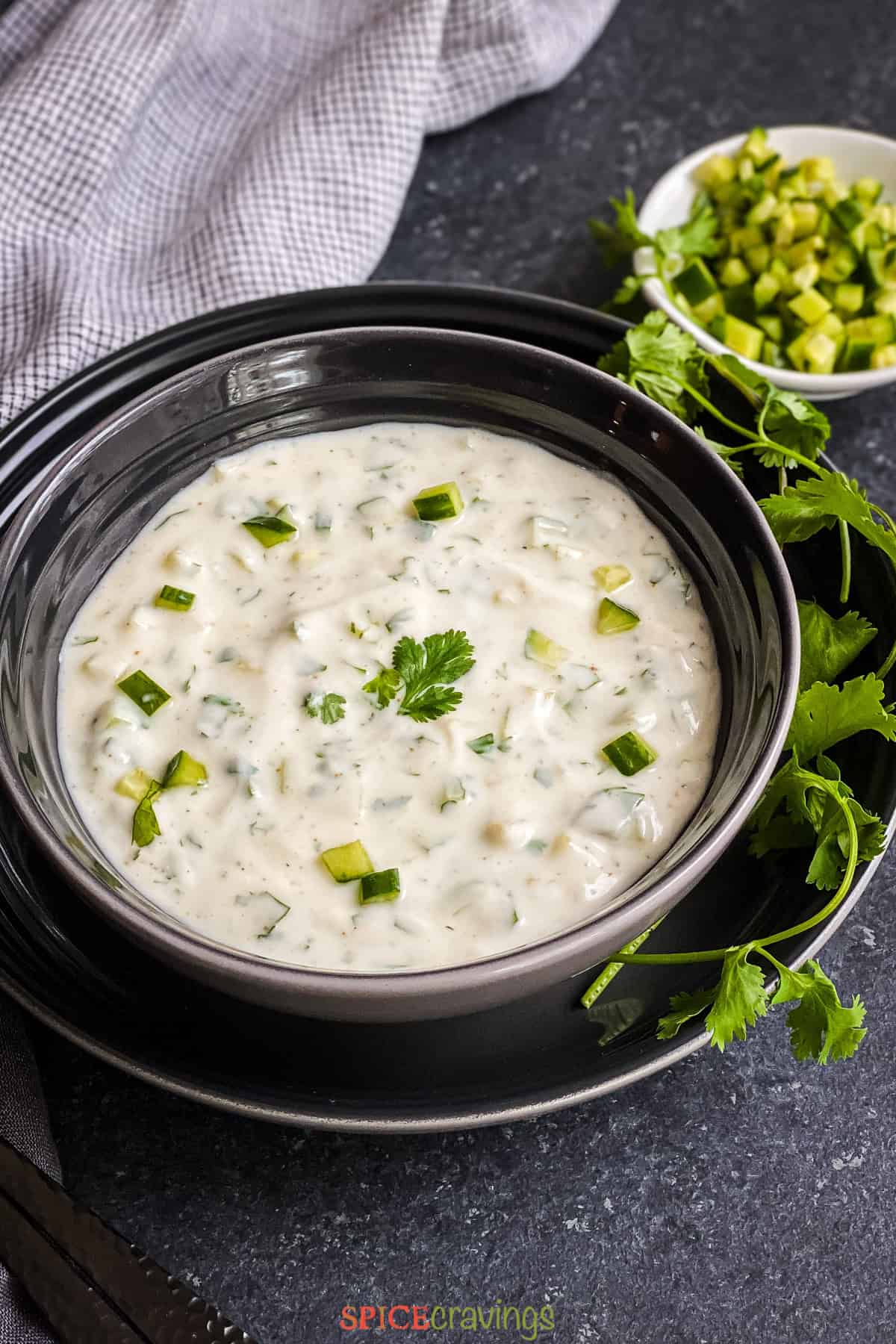 Bowl of indian yogurt dip with cucumber, garnished with cilantro
