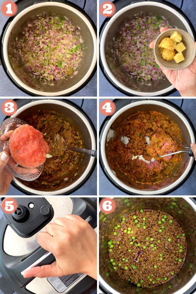 Six process shots showing how to make Keema in Instant Pot