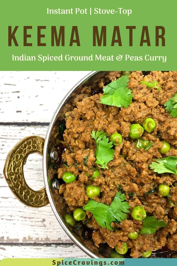 Indian spiced ground meat and peas curry, called Keema Matar, served in a stylish copper bowl