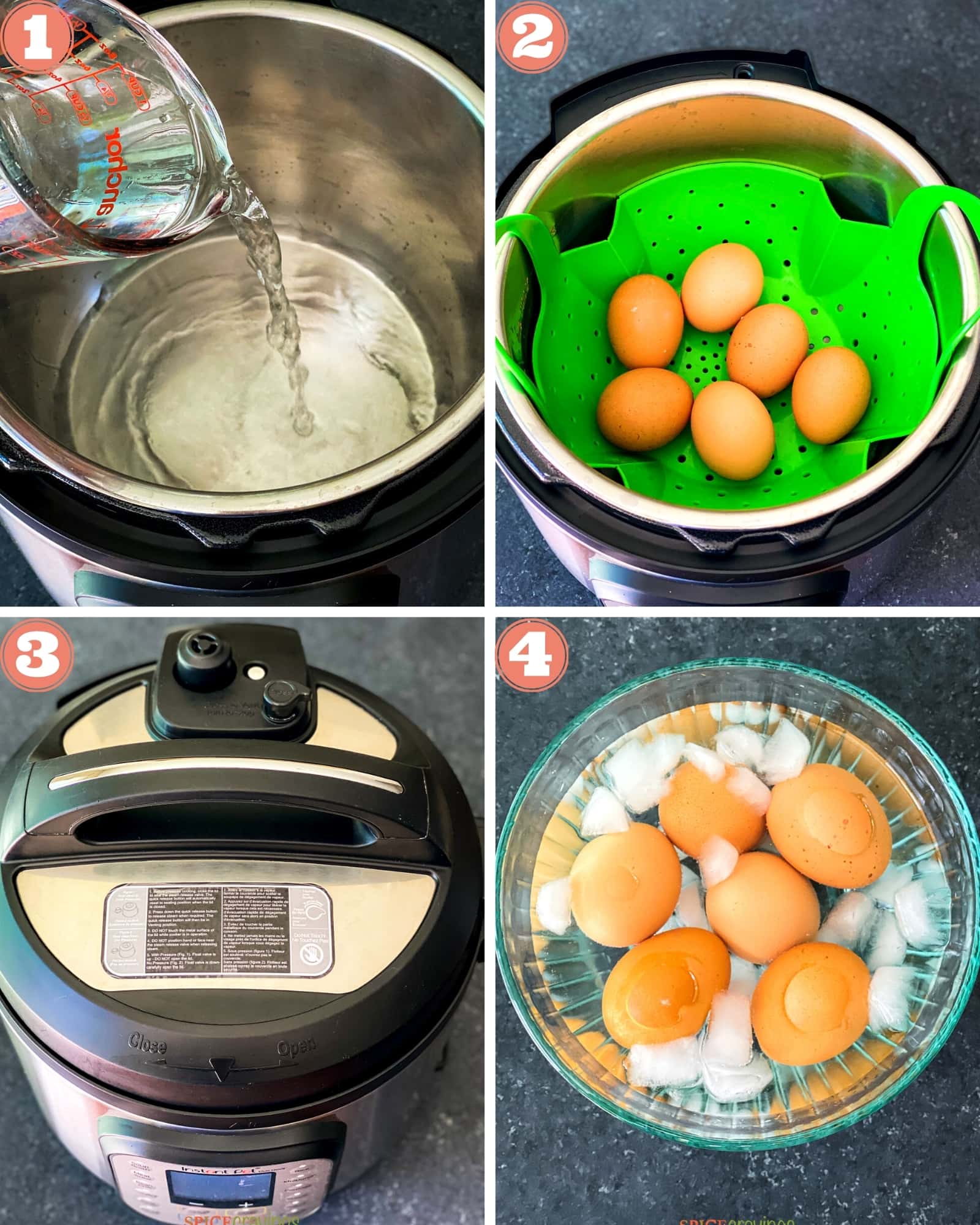 4-step image grid showing how to make hard boiled eggs in Instant Pot