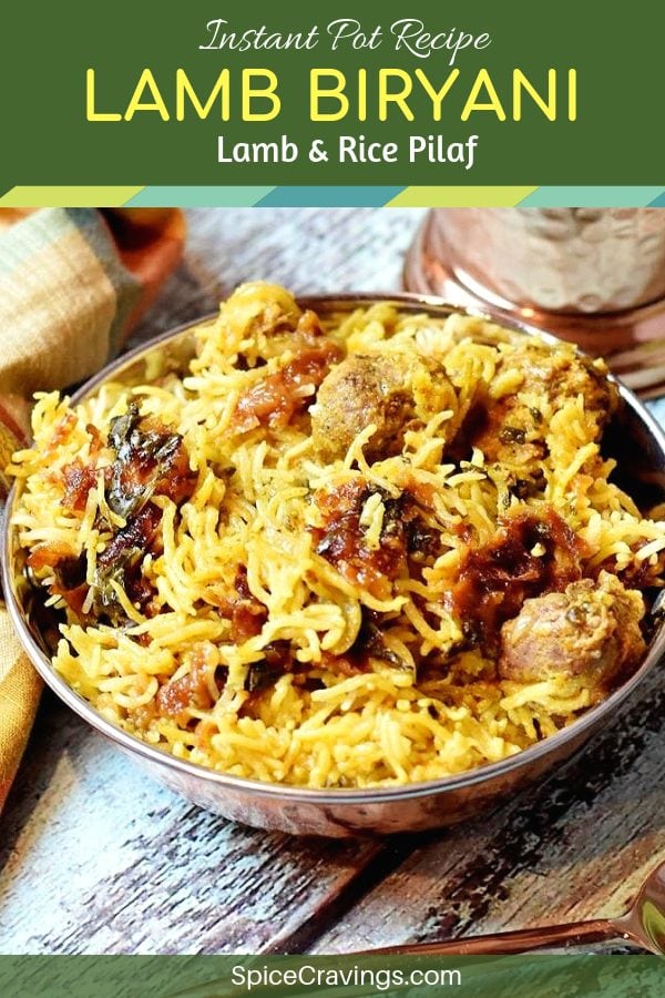 Indian rice and meat dish called Lamb Biryani, served in a copper bowl