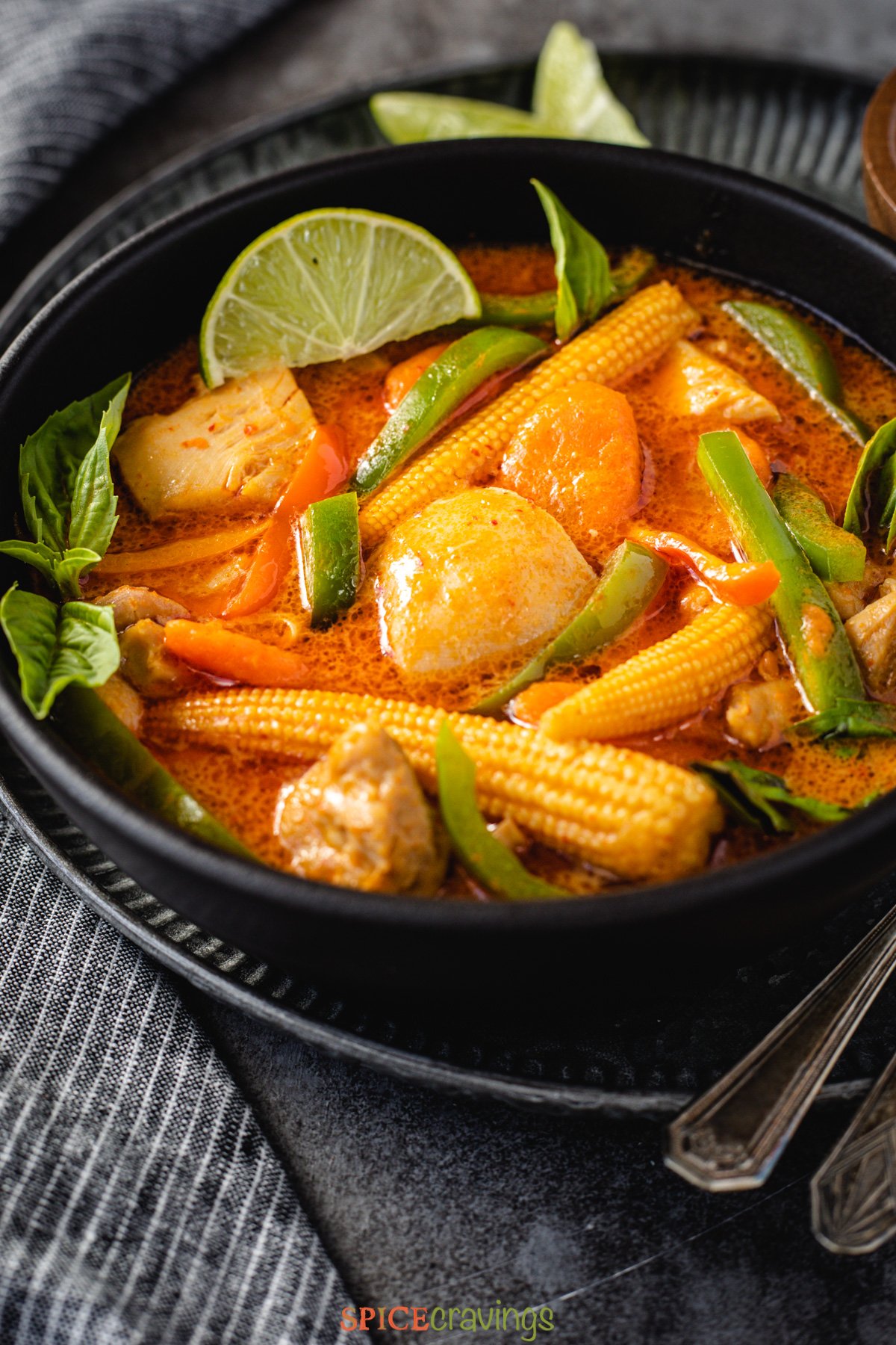 Thai Panang Curry with Chicken, baby corn, carrots, peppers, served in a black bowl