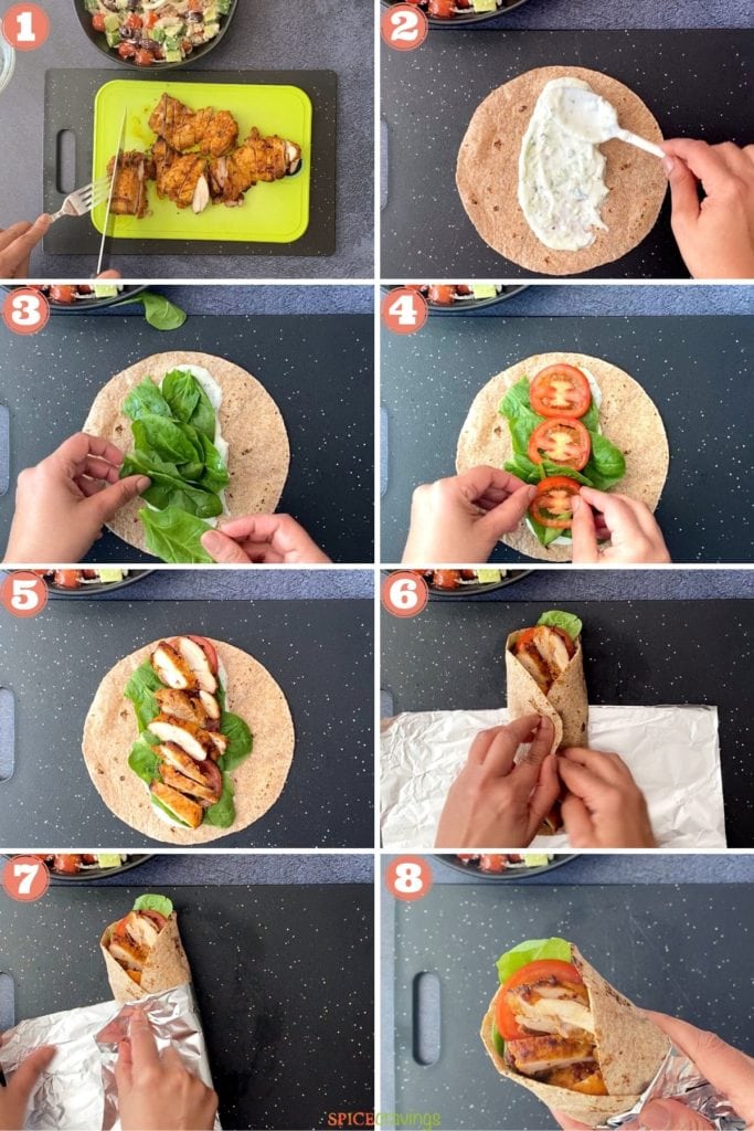 chicken on cutting board, tzatziki on wrap with lettuce, tomato, sliced chicken, two hands folding chicken wrap