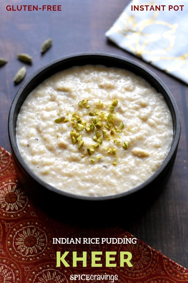 Creamy Indian rice pudding called Kheer, garnished with chopped pistachios