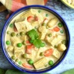 Thai green curry with vegetables and Tofu served in a blue bowl