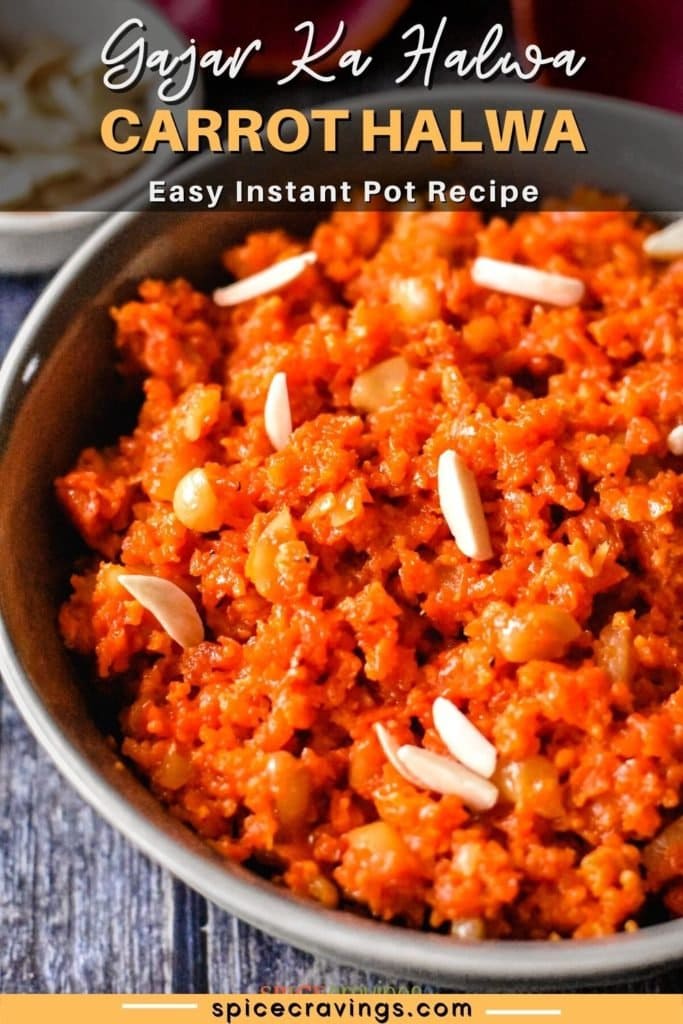 Carrot halwa topped with slivered almonds in a bowl