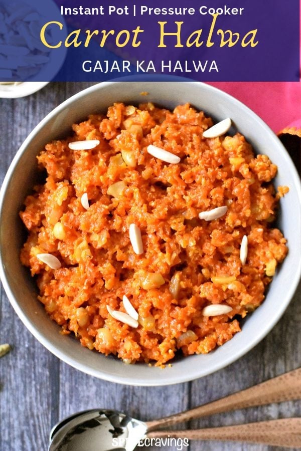 A big bowl of Carrot halwa, garnished with almonds