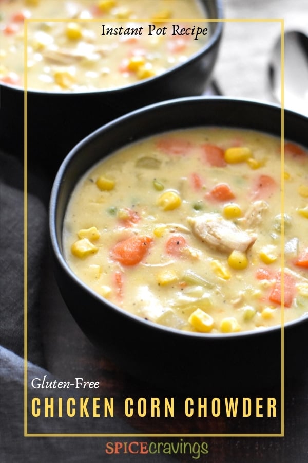 Chicken corn chowder with carrots and celery served in a bowl