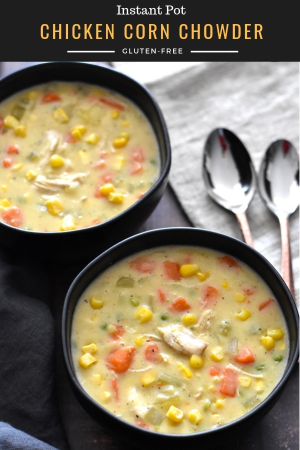 Two bowls of chicken corn chowder with carrots and celery