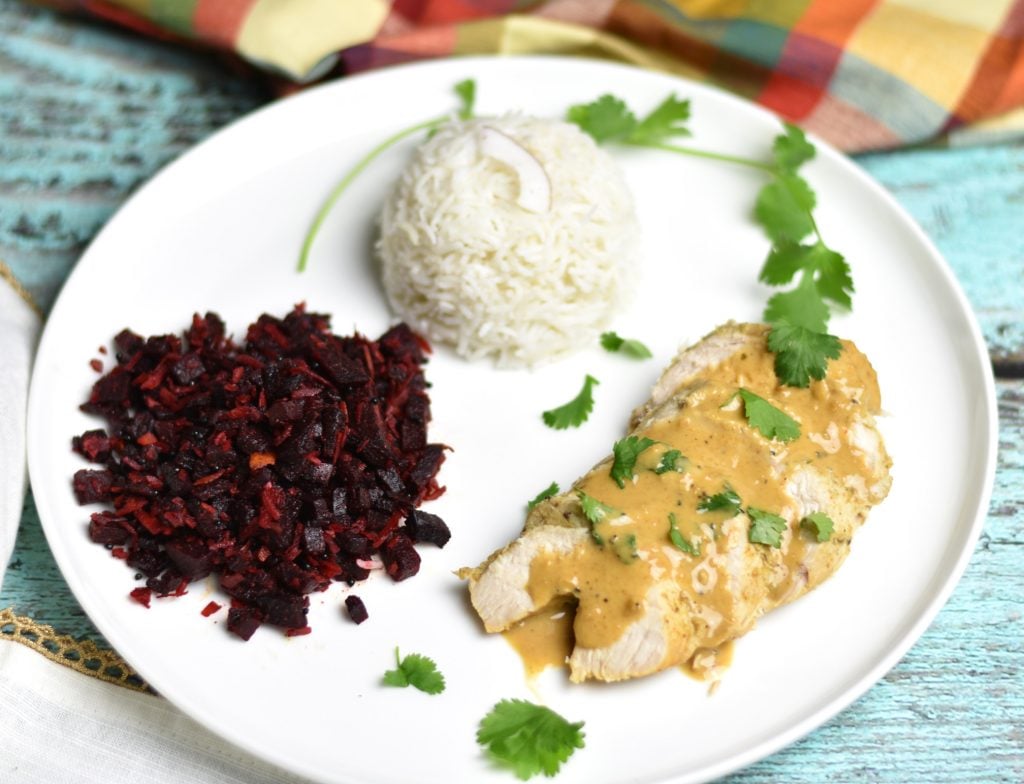 Coconut Lime Chicken and Rice with a side of coconut beets stir-fry.