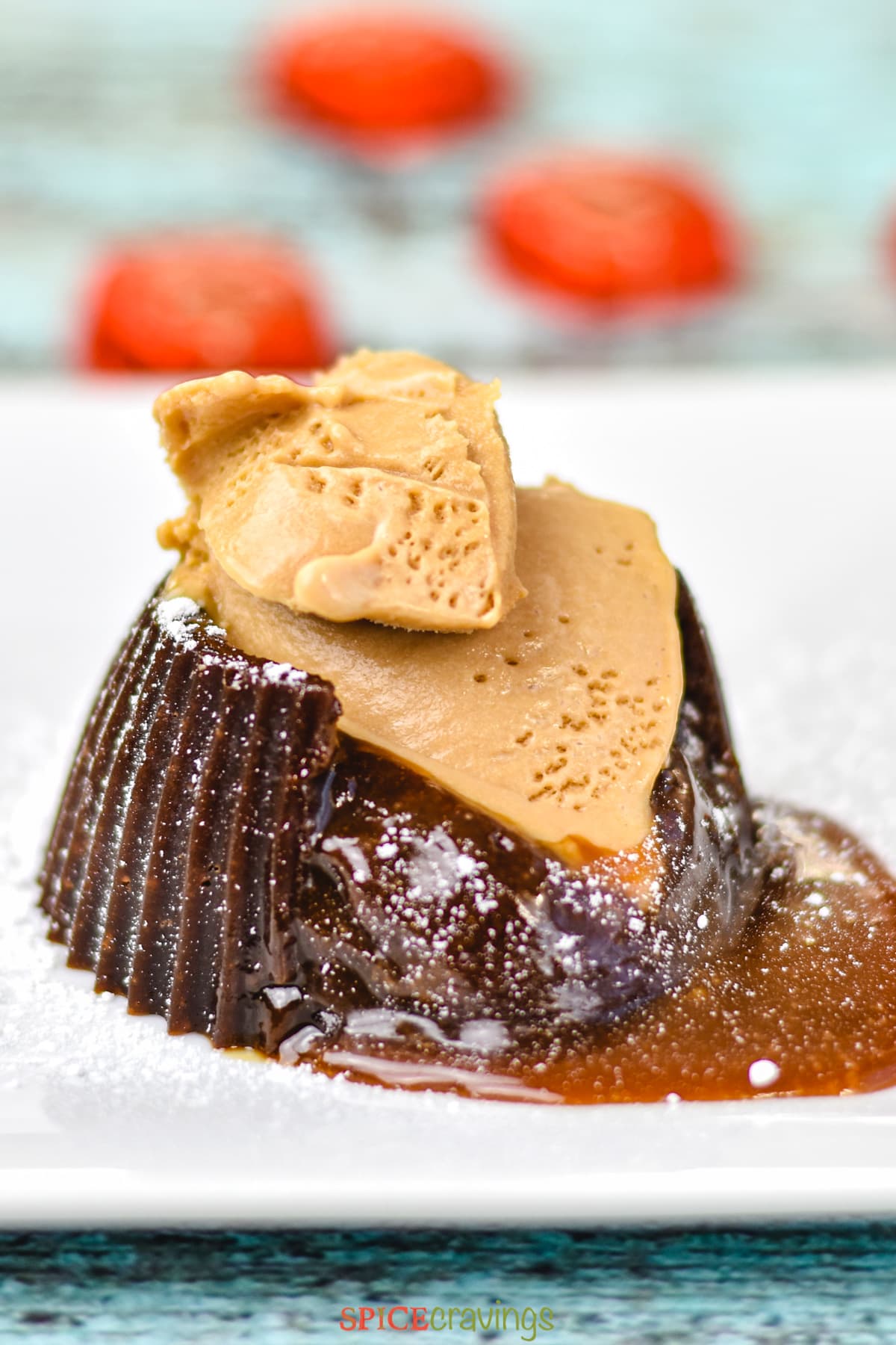 Salted Caramel Molten Lava Cake topped with caramel ice cream