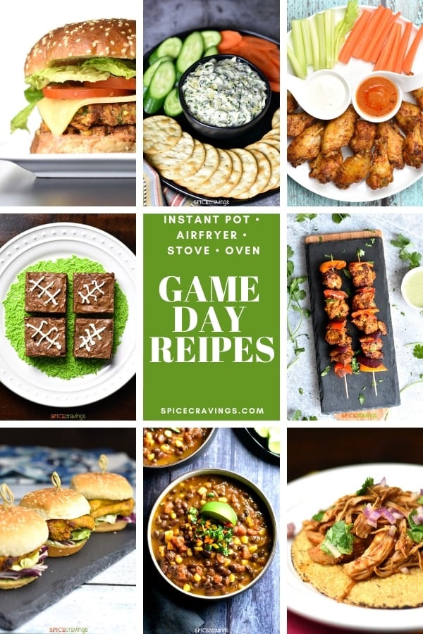 A collection of game day recipes including wings, dips, chili and tacos
