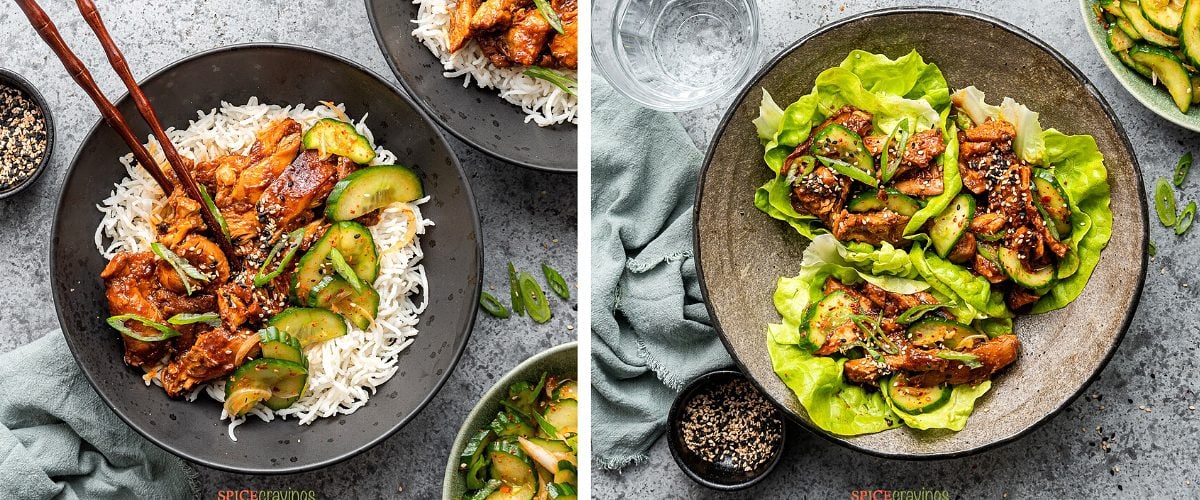 Split image showing spicy chicken served over rice on the left, and lettuce cups on right
