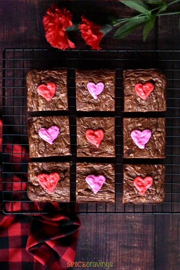 Easy recipe for chocolate brownies with heart shaped icing for valentine's day