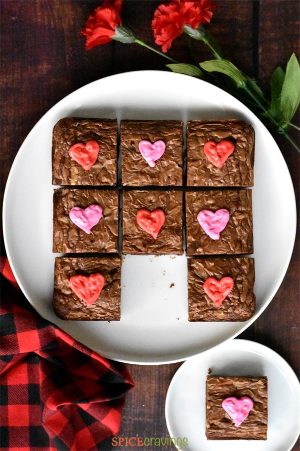 Chocolate Nutella Brownies decorated with pink and red hearts for Valentine's Day