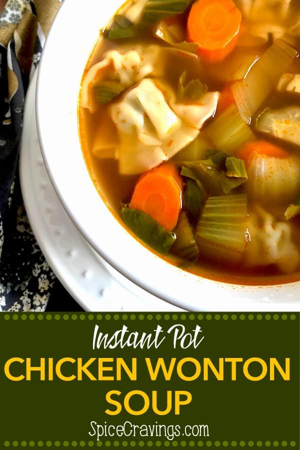 Chicken wontons in a clear broth with carrots and bok choy