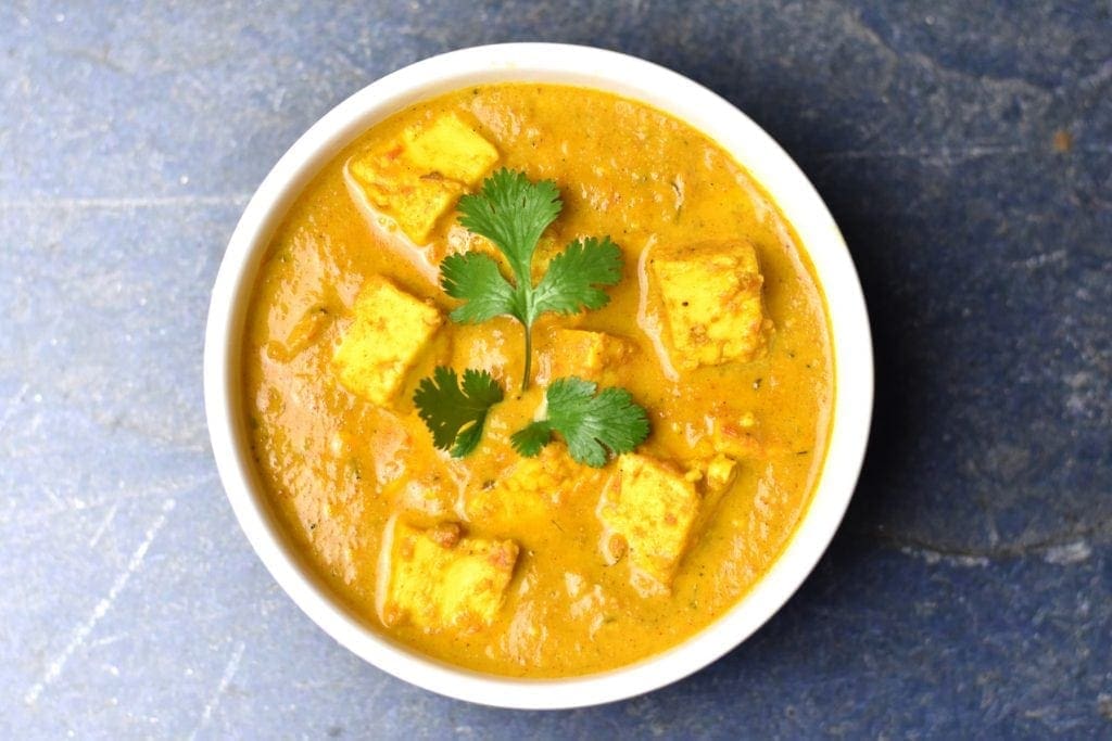 A bowl of paneer butter masala, also known as, paneer Makhani, made in the Instant Pot pressure cooker.