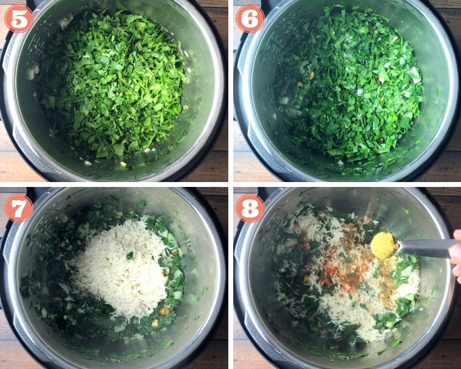 Step by step process of Spinach Rice in pressure cooker