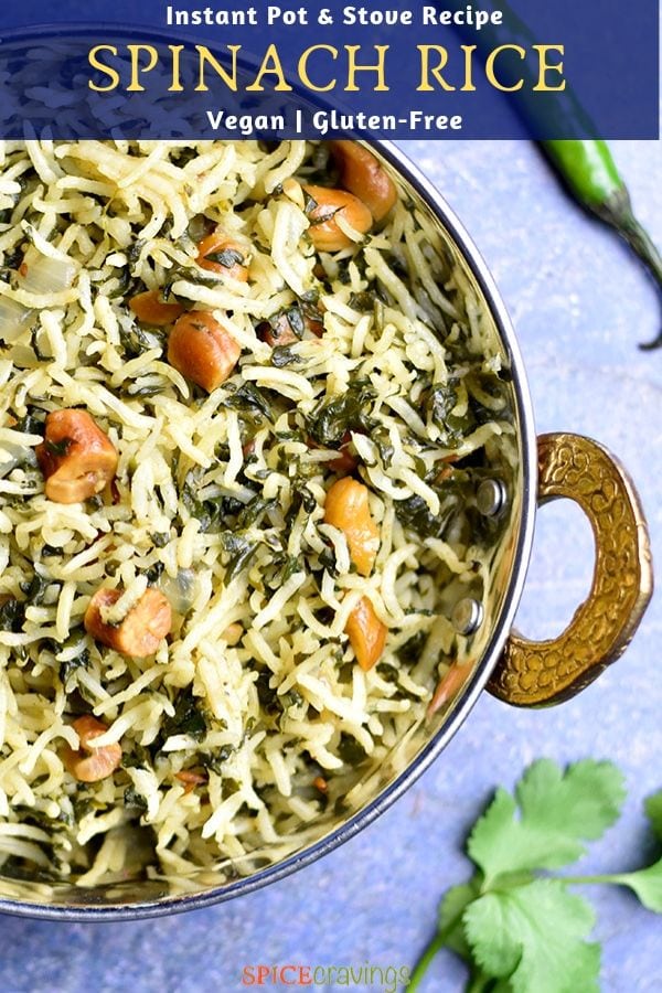 Indian Spinach Rice served in a copper bowl