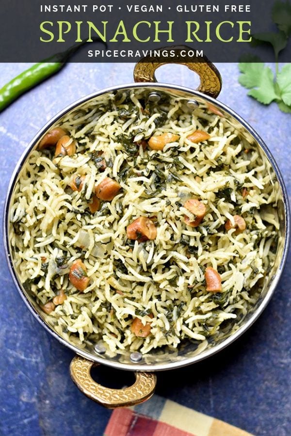 Indian spiced rice with spinach served in a copper bowl