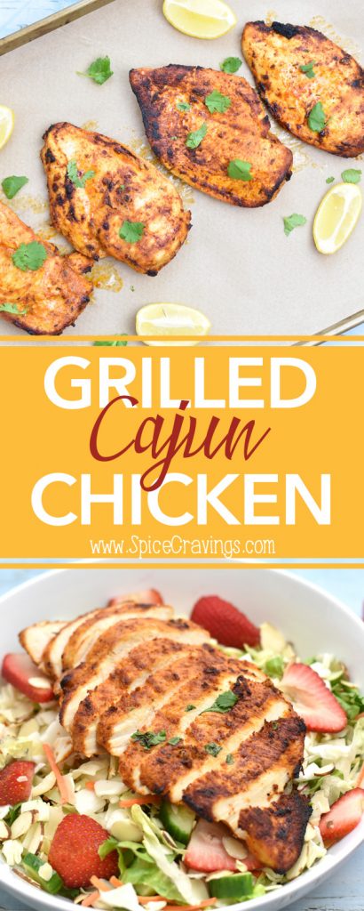 Grilled Cajun Chicken Salad, with chicken marinated in olive oil, Cajun seasoning, salt and juice of lime. Instructions for oven, grill, and instant pot. By Spice Cravings. #cooking #food #recipe #recipes #foodphotography #foodblogger #yummy #delicious #foodie