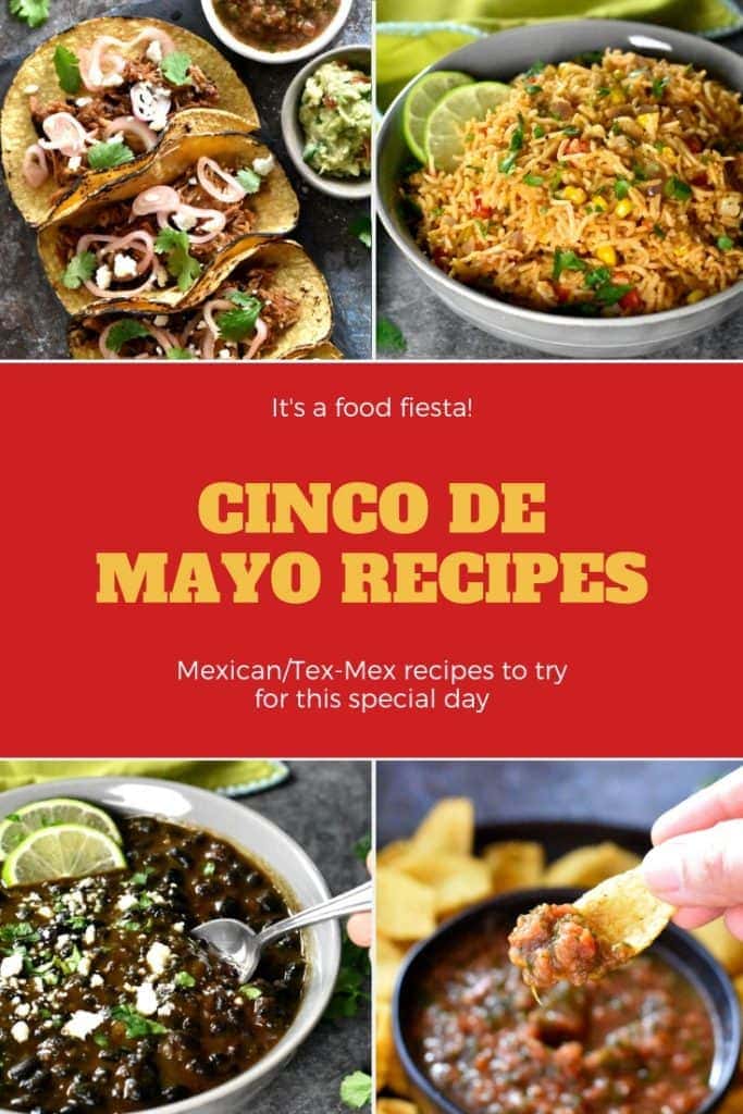 A collection of cinco de mayo recipes including carnitas, guacamole, salsa, mexican rice, beans and more