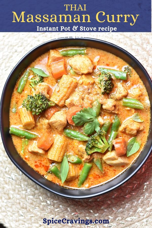 A bowl of thai Massaman Curry made with chicken and assorted vegetables