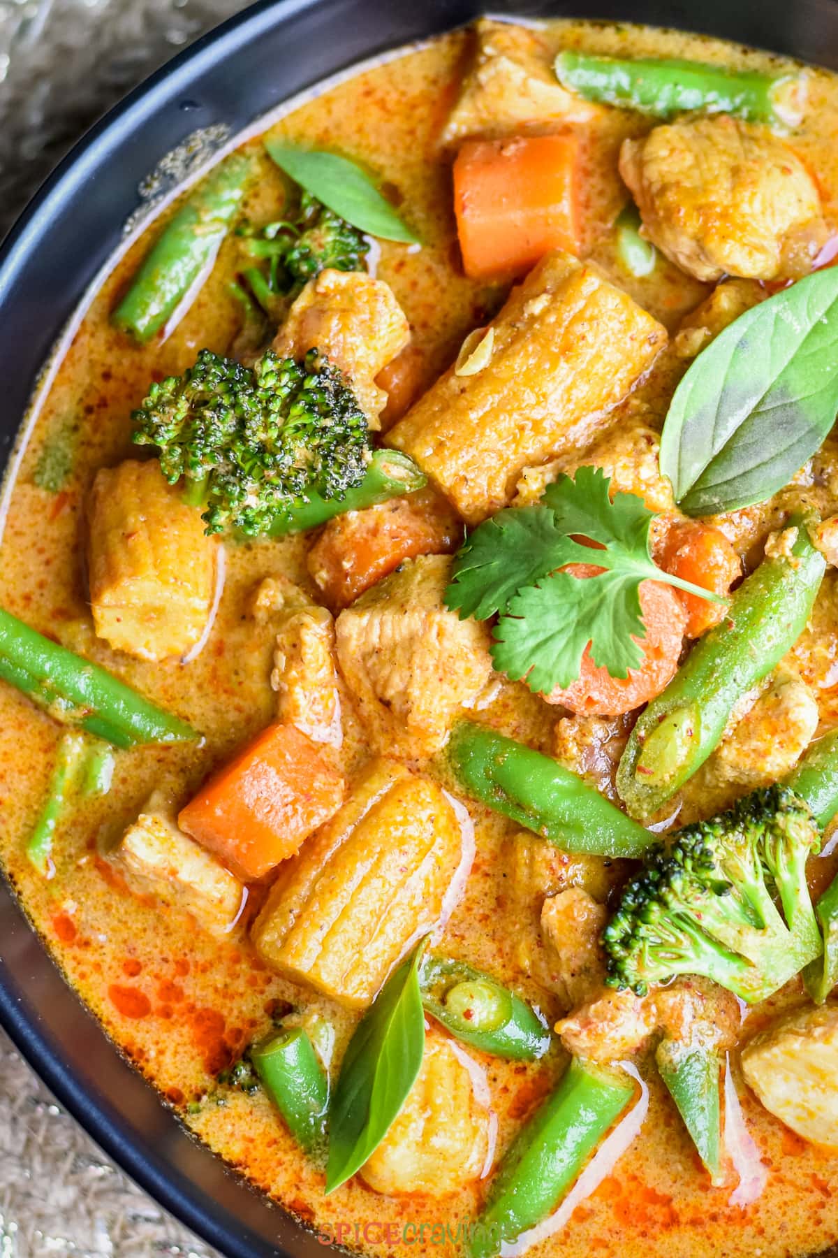 A bowl of thai Massaman Curry made with chicken and assorted vegetables including snow peas, carrots, broccoli and baby corn