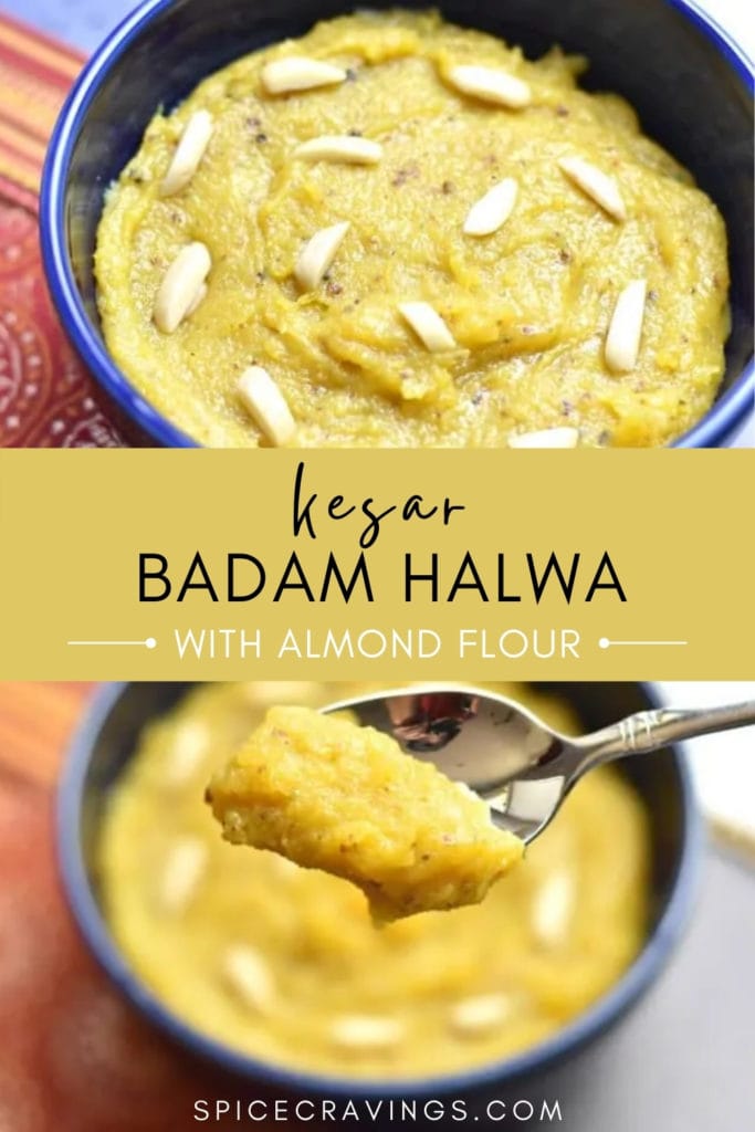 Two images showing badam halwa garnished with slivered almonds
