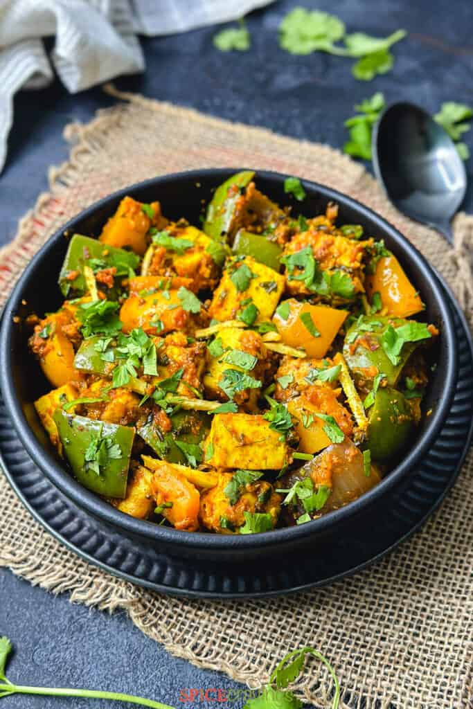 A bowl of 15-Minute Kadai paneer, made in Instant Pot