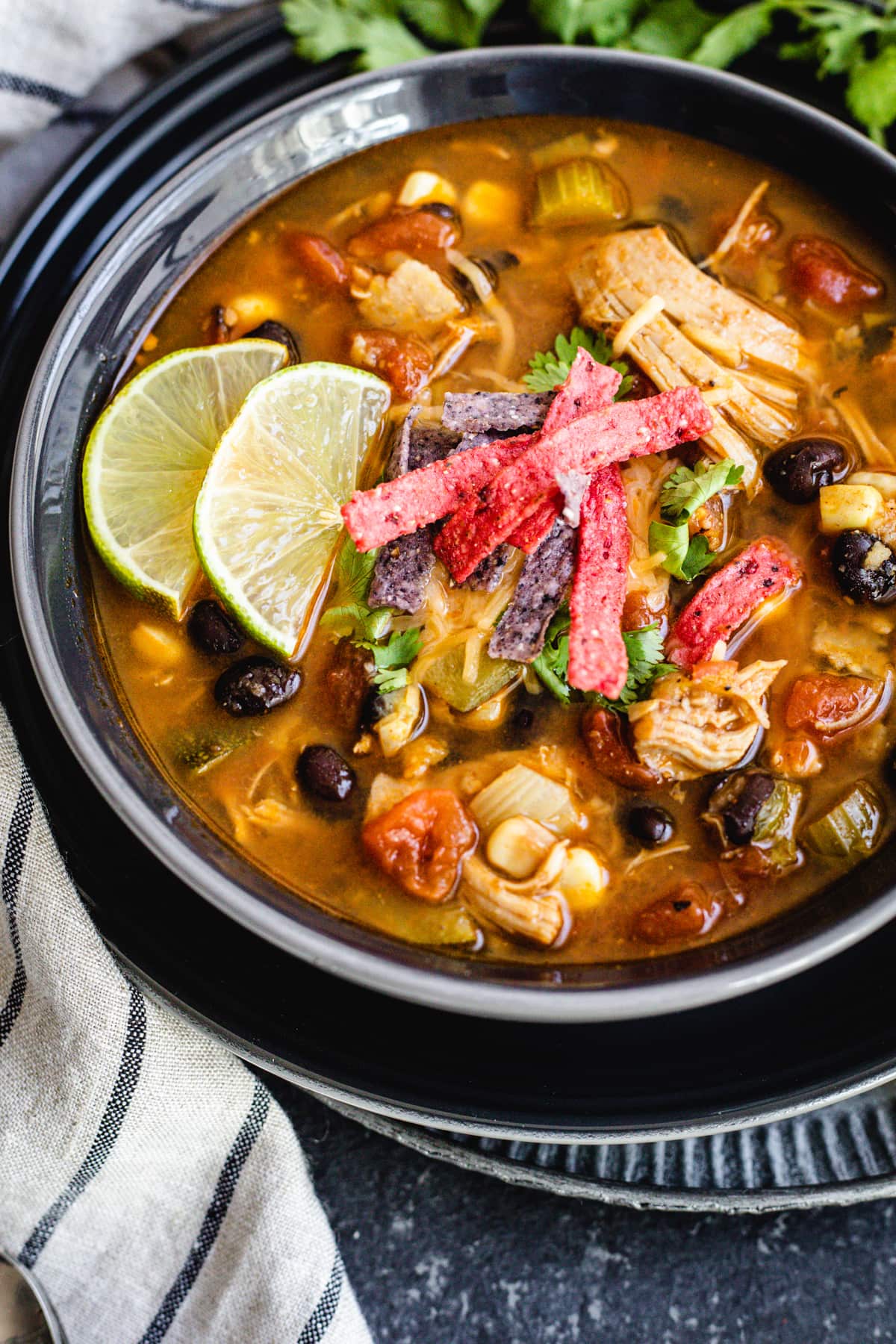 chicken tortilla soup in black bowl with cilantro sprigs and tortilla chips