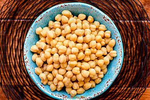 Cooked Chickpeas in a blue bowl