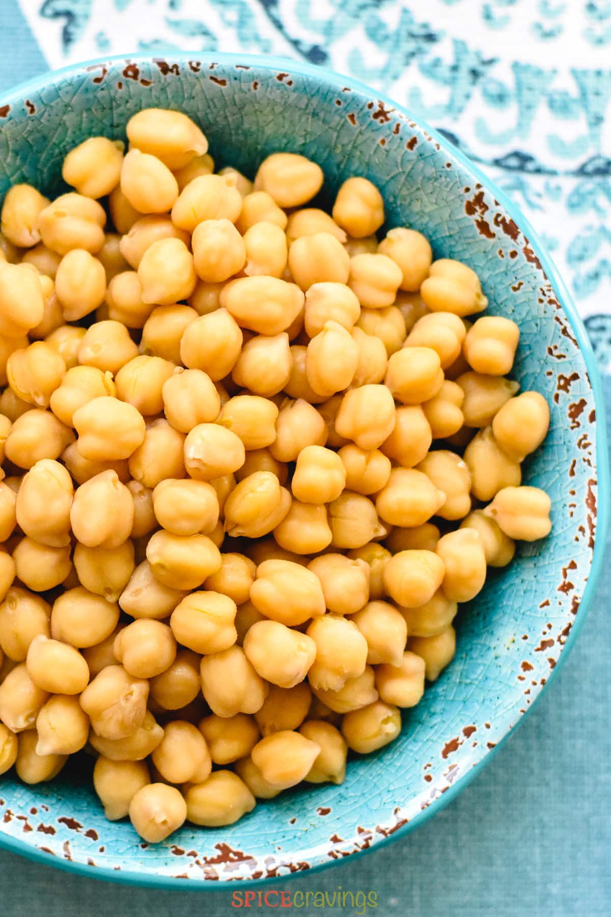 chickpeas cooked in the Instant Pot in blue bowl