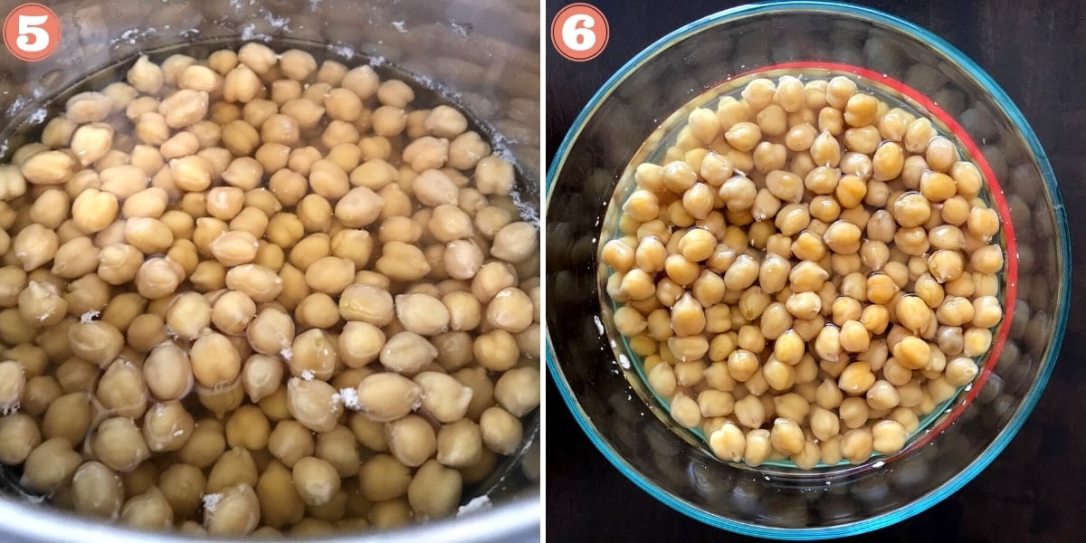 Cooked chickpeas in the pot on left, in bowl on right