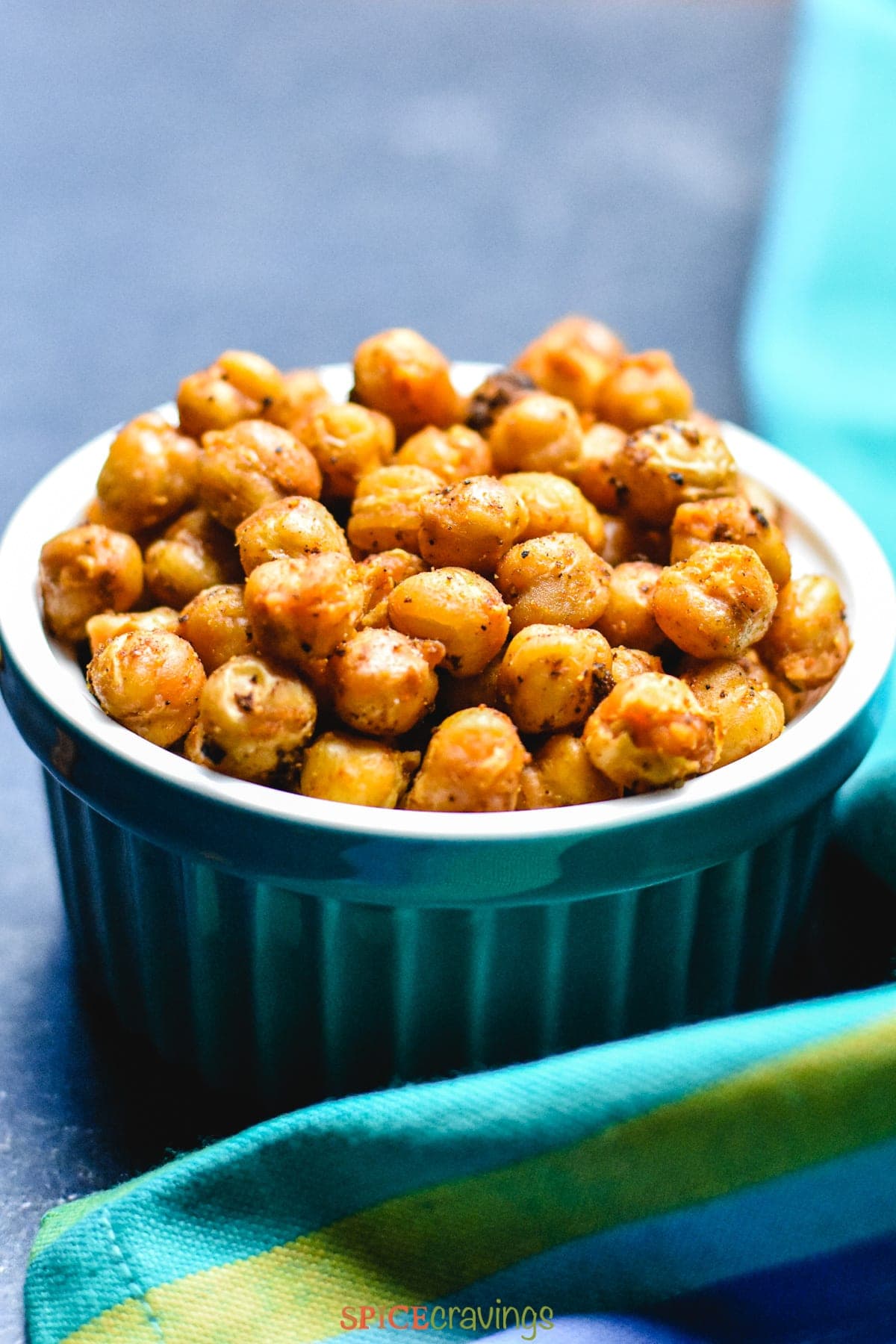 roasted spiced chickpeas in small blue ramiken