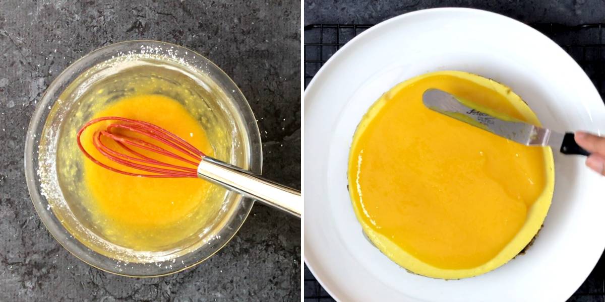 Whisking then topping the cheesecake with mango topping
