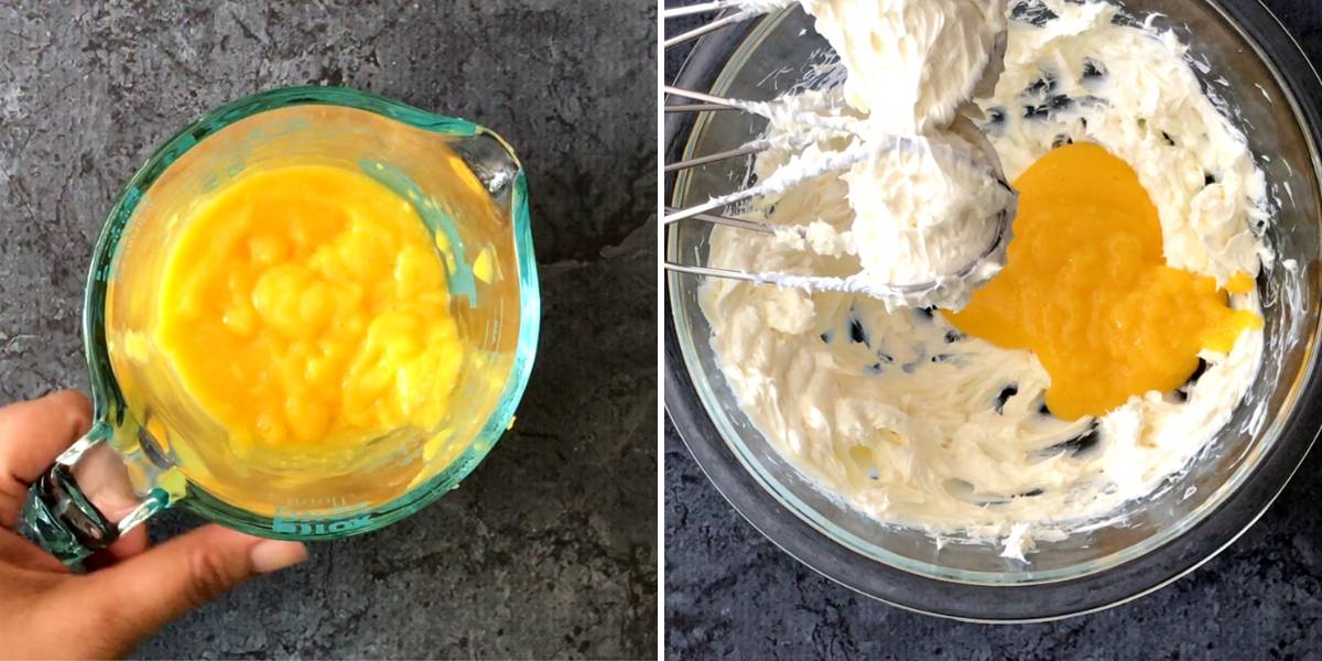 two images showing pureed mango and whipped cream cheese in bowl